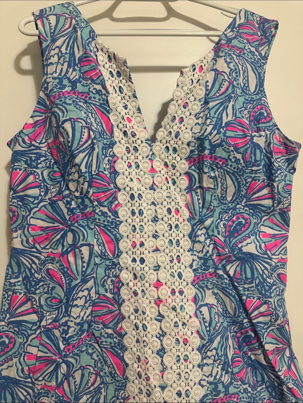 Lilly Pulitzer Blue Pink Shell-Print Sleeveless Dress with Crochet Trim